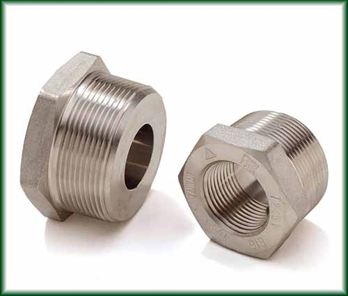 Two Forged Stainless Hex Bushings made from Solid Bar Stock.