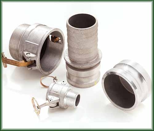 Four types of Aluminum Cam and Groove Couplings in different sizes also known as Cam Lock Fittings.