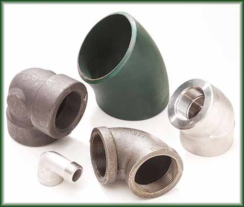 Five different pipe elbows in aluminum&comma; carbon steel&comma; malleable iron&comma; and stainless steel.