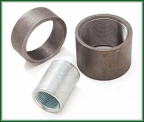 Three different Steel Merchant couplings in black and galvanized finishes.