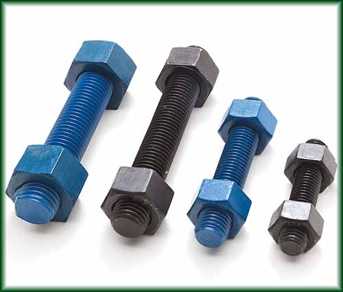Four different sizes of Carbon Steel Stud Bolts in black and teflon coated finishes.