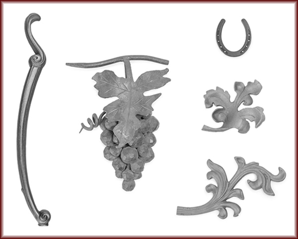 Horseshoes&comma; Cast Iron and Leaves&comma; Iron furniture legs&comma; and Cast Iron Grape Clusters.