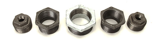 Five different Malleable Iron Hex Bushings in black and galvanized finishes.