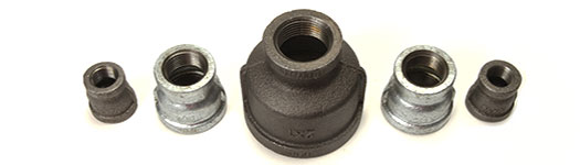 Five different Malleable Iron Reducers in black and galvanized finishes.