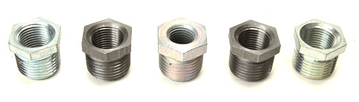 Five different Steel Merchant Hex Bushings in Black and Galvanized finishes